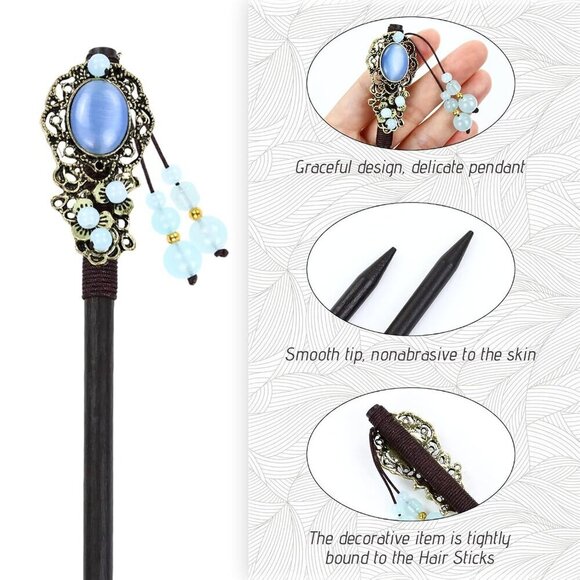 8pcs Wooden Hair Sticks Floral Bead Pendants Traditional Japanese Hair Accessori main image 6